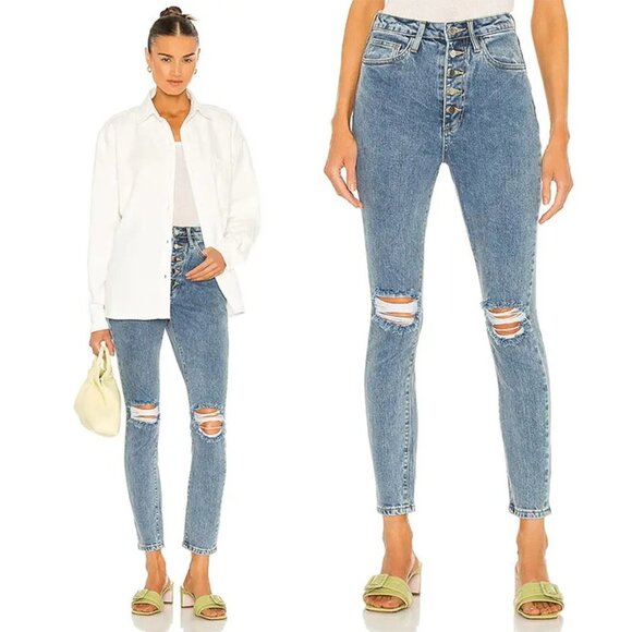 WeWoreWhat The Danielle Jean in Blue High Waist Distressed Button Fly‎ Skinny 25 - Picture 1 of 9